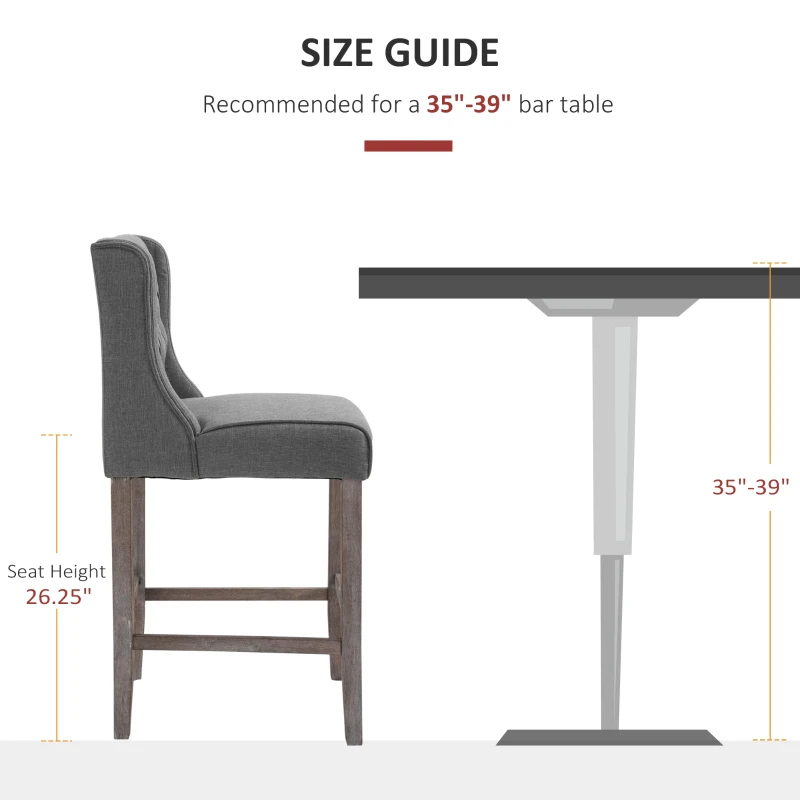 HOMCOM 26.25" Counter Height Bar Stools, Tufted Wingback Armless Upholstered Dining Chair with Rubber Wood Legs, Set of 2, Gray