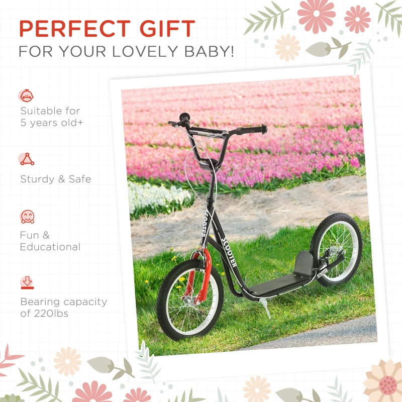 Aosom Kids Kick Scooter for 5+ Year Old, Kids Ride on Toy w/ 16'' Inflatable Wheel Dual Brakes, Black