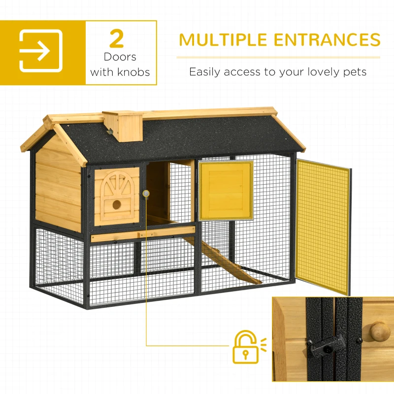 PawHut 47" Wooden Rabbit Hutch Outdoor with Run, Metal Frame, 2-Story Bunny Rabbit Cage with Removable Tray, Ramp, Bunny Hutch with Space-Saving Design for Rabbits, Chickens, Ducks