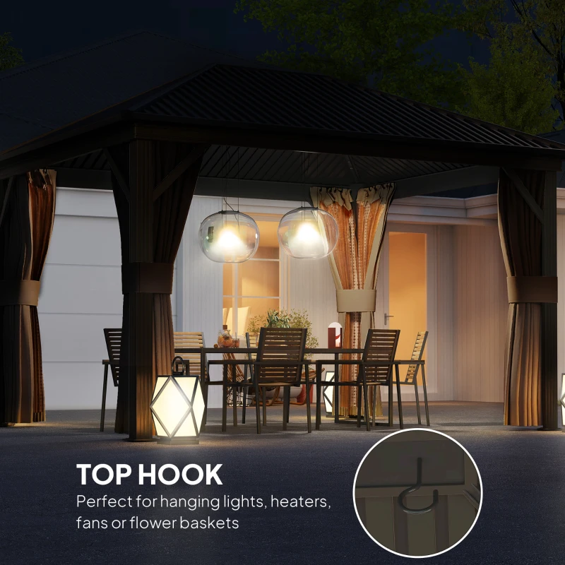 Outsunny 10' x 12' Outdoor Hardtop Gazebo Metal Roof Patio Gazebo with Aluminum Frame, Mesh Nettings, Brown