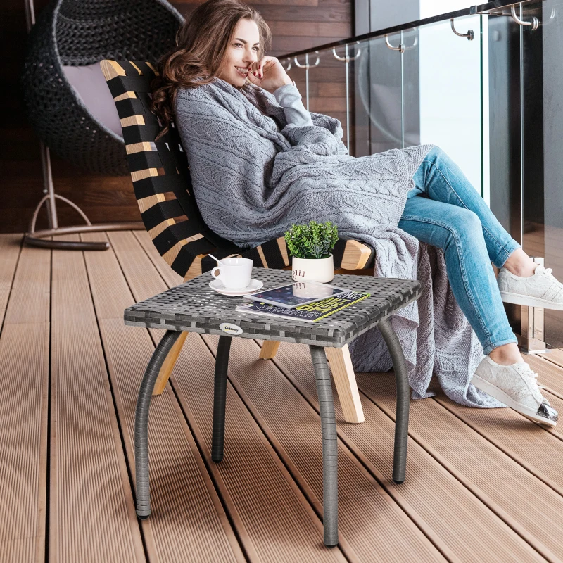 Outsunny 18" Rattan Coffee Table Outdoor Side Table Patio Wicker Furniture, Small Square with All-Weather PE for Garden, Balcony, Backyard, Poolside, Grey