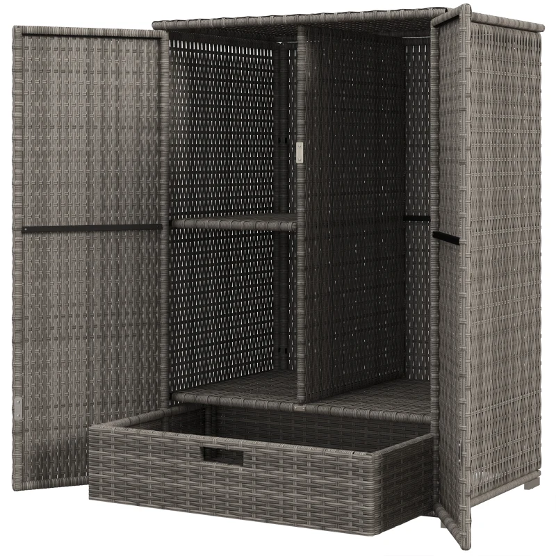 Outsunny Wicker Outdoor Storage Cabinet, 2-Door Rattan Pool Towel Storage Cabinet with Drawer & Removable Shelf, Dark Grey
