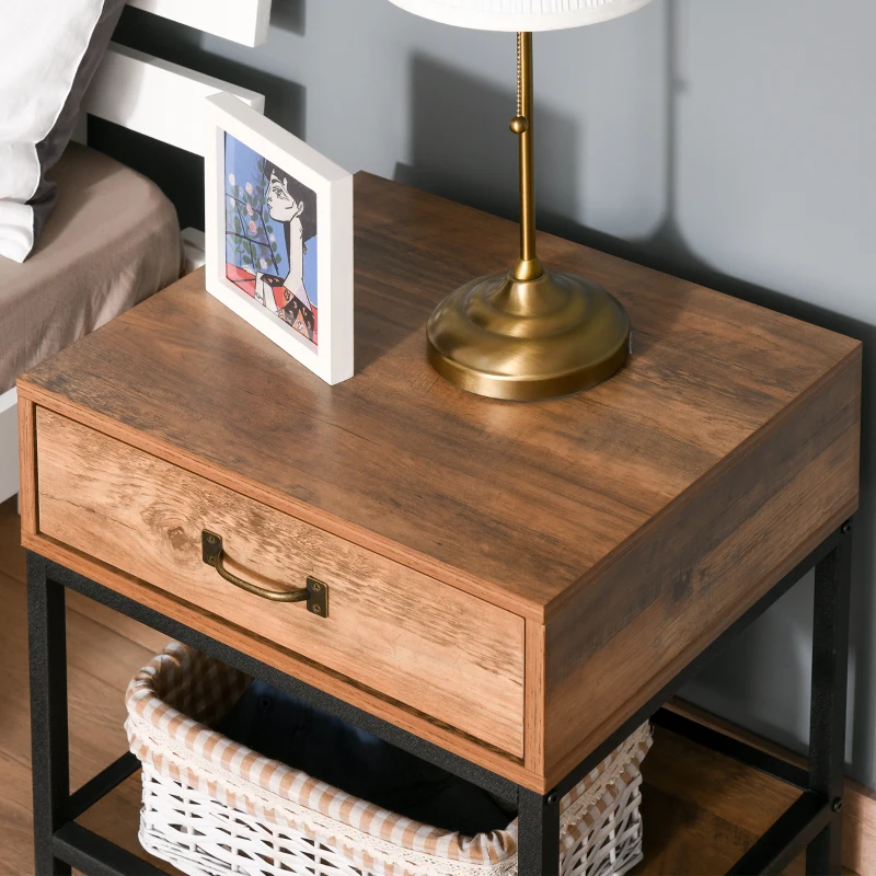 HOMCOM Industrial Bedside Table with Drawer, Nightstand with Storage Shelf, Sofa End Table for Bedroom, Teak