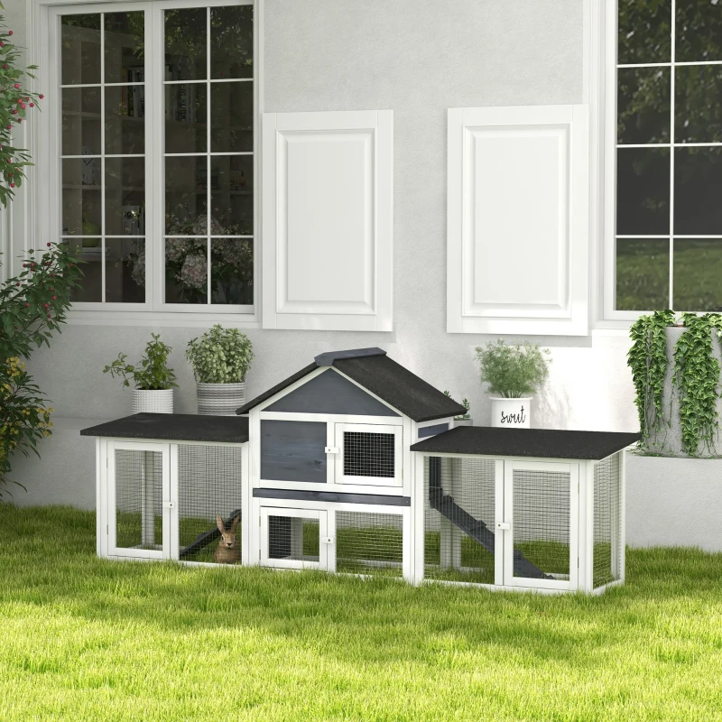 PawHut Outdoor Rabbit House 83" 2 Story Deluxe XL Wooden Rabbit Hutch, Big Bunny Cage w/ Ladder and Run, Dark Gray