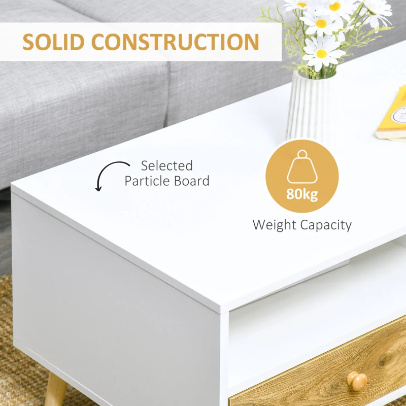 HOMCOM Coffee Table with Drawers and Shelves, Rectangular Center Table for Living Room, Bedroom, White and Brown