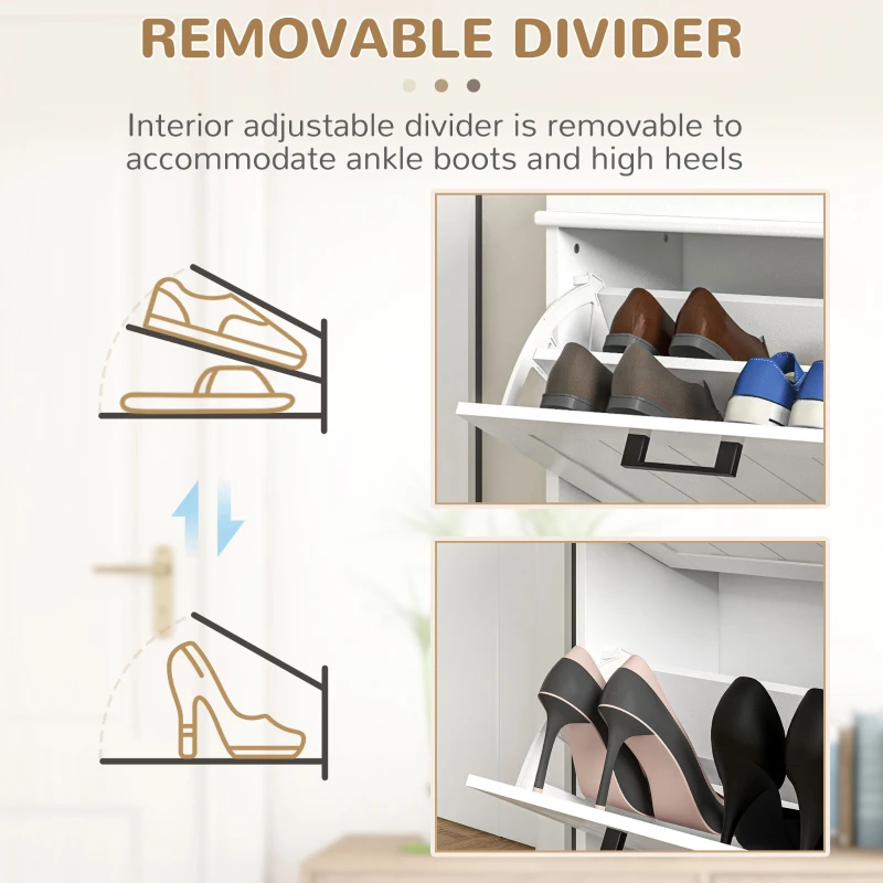 HOMCOM Shoe Storage Cabinet with 2 Flip Drawers and Adjustable Shelves, Narrow Shoe Cabinet for 10 Pairs of Shoes, White