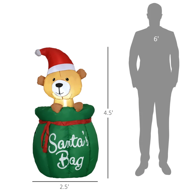 HOMCOM 4.5 ft. Christmas Inflatables Outdoor Decorations Bear In Santa Claus Toy Bag, Blow-Up Holiday Yard Christmas Decor with LED