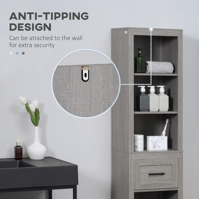 kleankin Narrow Bathroom Storage Cabinet with Drawer and 5 Tier Shelf, Tall Cabinet Freestanding Linen Tower, Slim Corner Organizer, Gray