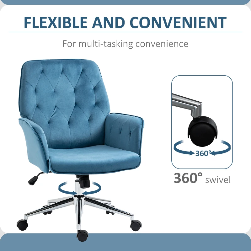 Vinsetto Velvet Home Office Chair, Tufted Height Adjustable Computer Desk Chair with Swivel Wheels and Padded Armrests, Blue
