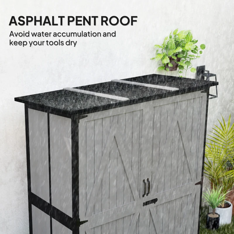 Outsunny Wood Storage Shed, Outdoor Garden Shed with Asphalt Roof, 2 Shelves, Lockable Doors and Adjustable Feet, Gray