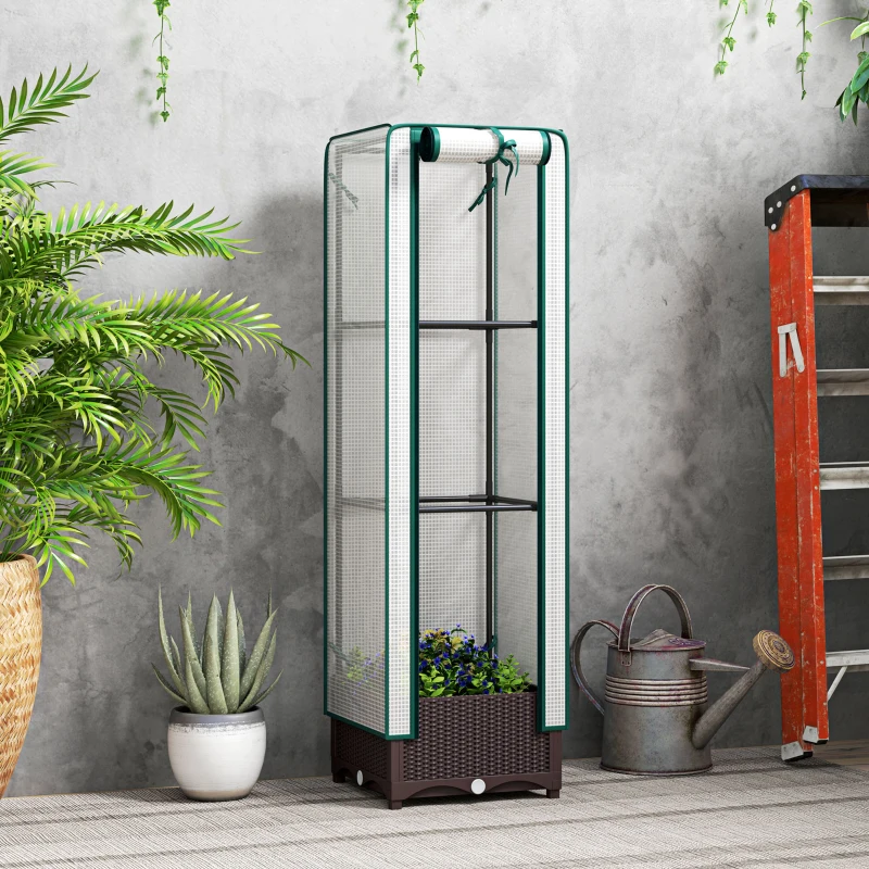 Outsunny Garden Bed with Trellis, Outdoor Plant Box with PE Cover, Drainage Holes and Zipper Door, 15.7" x 15.7" x 48.8", Brown