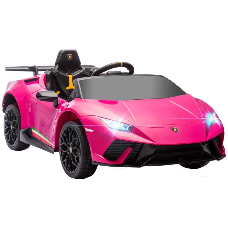 Qaba 12V Lamborghini Huracan Licensed Kids Electric Car with Parent Remote Control, Spring Suspension, Transport Wheel, Pink