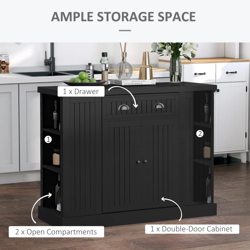 HOMCOM Cottage Kitchen Island with Storage, Buffet Cabinet with Drawer, 2-Door Cupboard, 4 Adjustable Side Open Shelves for Dining Room, Black