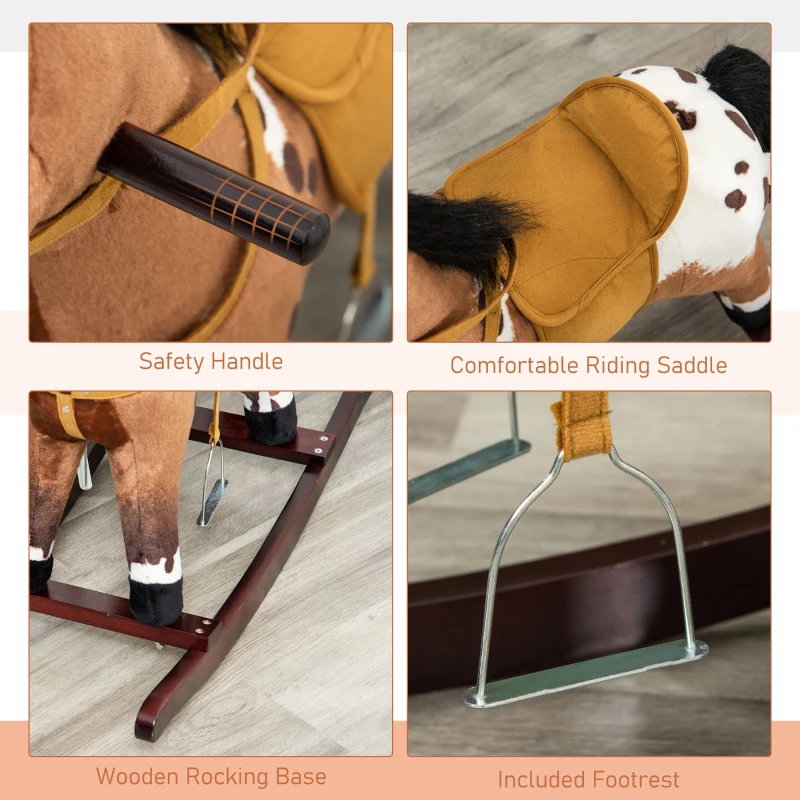 Qaba Children Kids Rocking Plush Horse Toy Pony Wooden Ride Rocker Sound, Brown