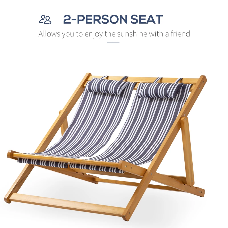 Outsunny 2-Person Sling Chair, Reclining Double Lounger for Patio, Beach, Camping, Lawn, Wood Folding Chair with Recliner Design for 2 Adults, White & Gray Stripes