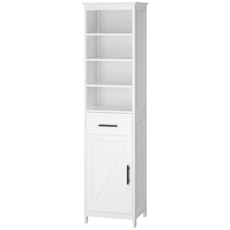 kleankin Tall Bathroom Storage Cabinet, Free Standing Bathroom Cabinet Slim Side Organizer w/ 3-Tier Open Shelf, Door, and Drawer, White