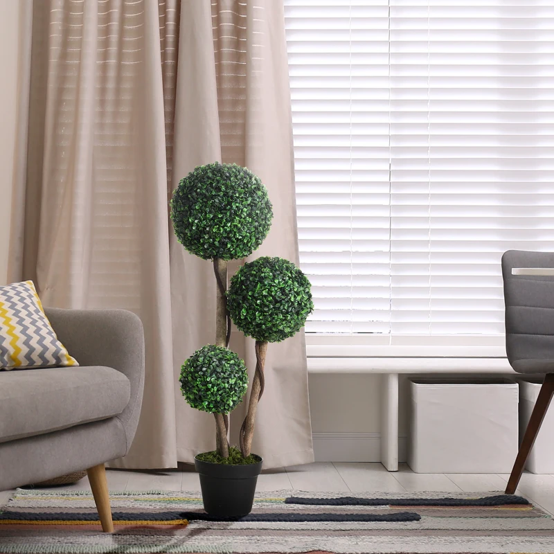 HOMCOM 35.5" Artificial Plant for Home Decor Indoor & Outdoor Fake Plants Artificial Tree in Pot, Ball Boxwood Topiary Tree for Home Office, Living Room Decor, Set of 2, Green