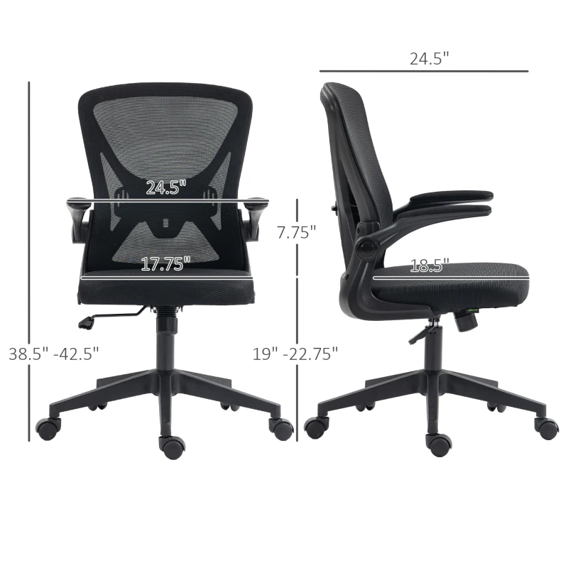Vinsetto Mesh Office Chair, Mid-Back Computer Desk Chair with Lumbar Back Support, Adjustable Height, and Flip-Up Arms, Black