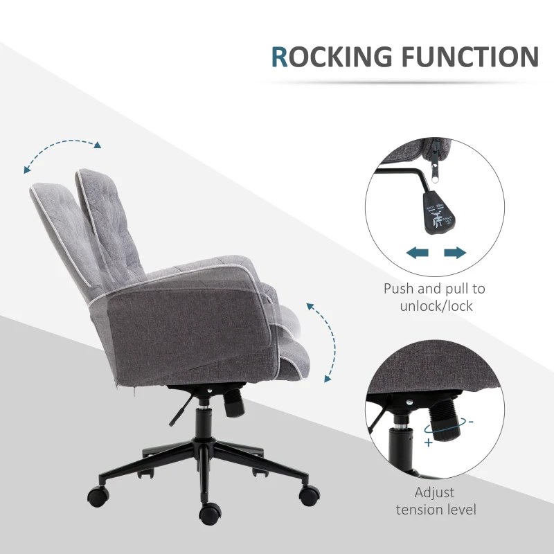 HOMCOM Linen Computer Desk Chair Tufted Height Adjustable Home Office Chair with Swivel Wheels and Padded Armrests Dark Gray