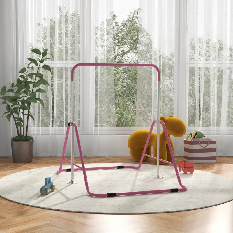 Qaba Foldable Gymnastics Bar for Kids, Expandable Gymnastics Equipment with Adjustable Height for Boys Girls, Pink