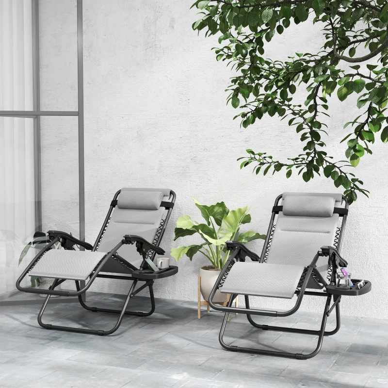 Outsunny Zero Gravity Lounge Chair Set, 2 Pieces Reclining Folding Outdoor Lounge Chairs with Headrest Side Tray, Light Gray