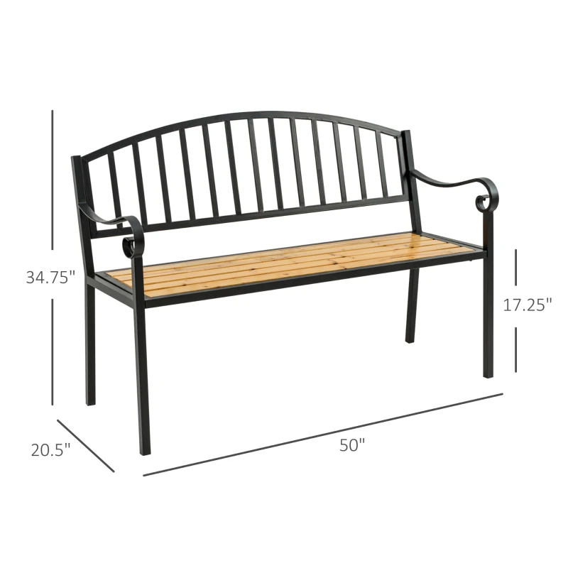 Outsunny 50" Garden Bench, Patio Loveseat with Antique Backrest, Wood Seat and Steel Frame for Backyard or Porch