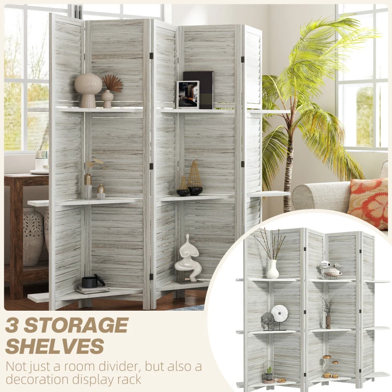 HOMCOM 5 Panel 67" Tall Wood Privacy Screen Room Divider with 3 Shelves and Folding Storage for Bedroom, Distressed White
