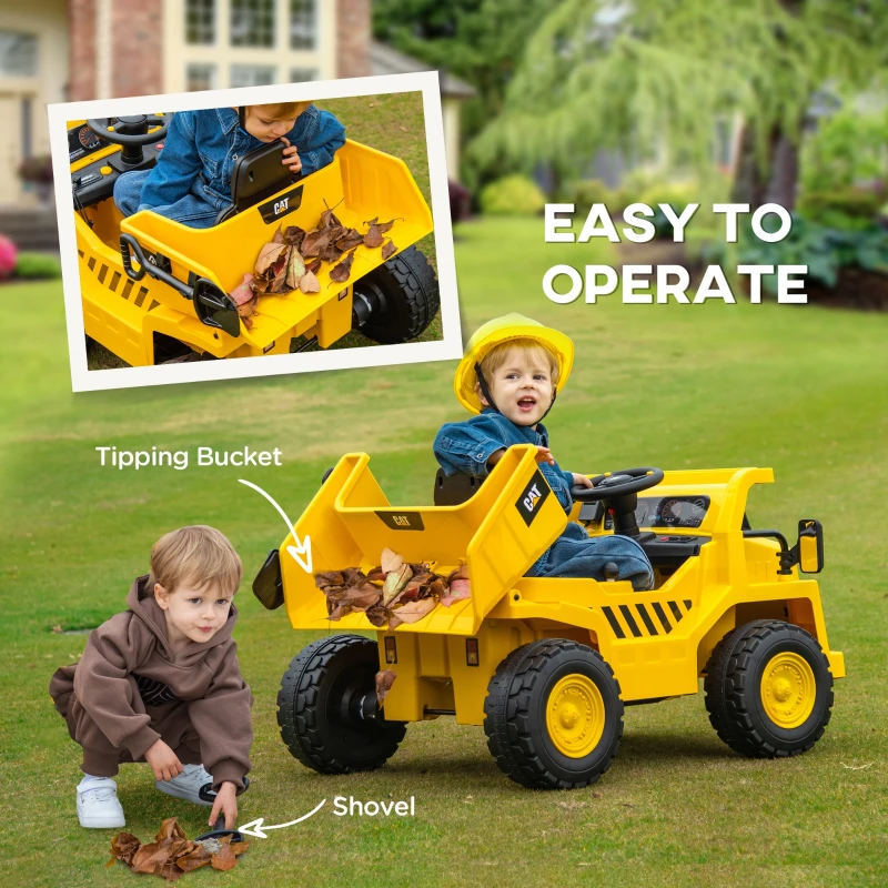 Qaba Caterpillar Licensed 12V Electric Ride on Excavator w/ Remote, Bucket, Shovel, Music, Loudspeaker for Ages 3-6, Yellow