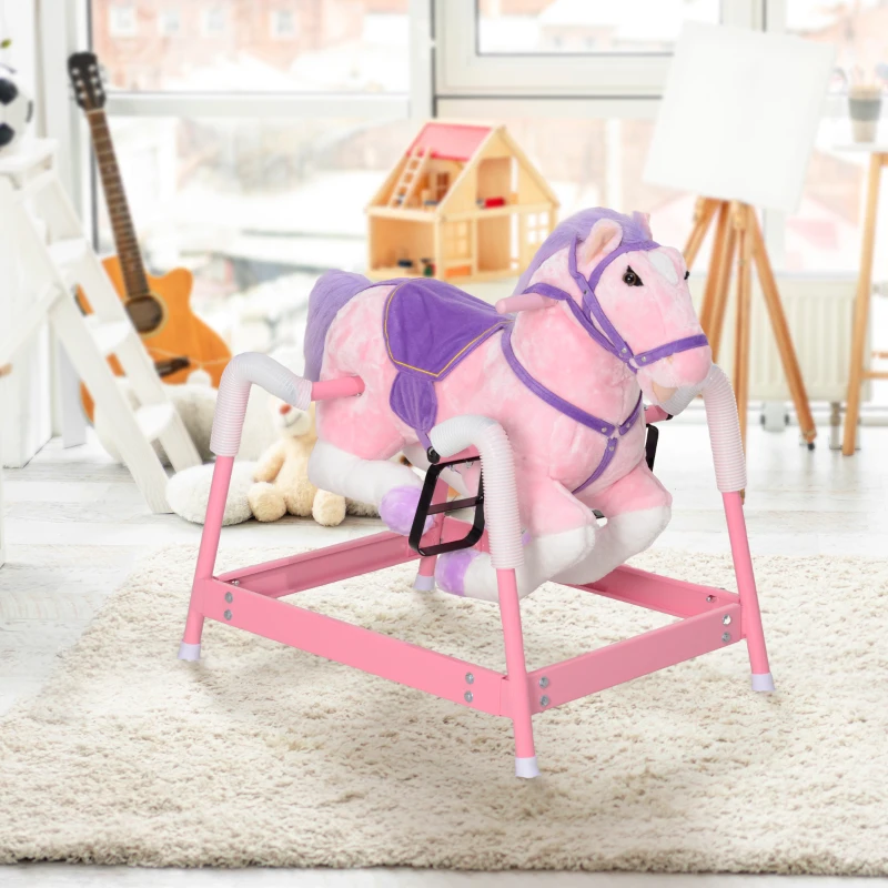Qaba Spring Rocking Horse, Kids Ride on Horse, Plush Horse Ride-on w/ Sounds & Foot Stirrups for Kids 3-8 Years, Pink
