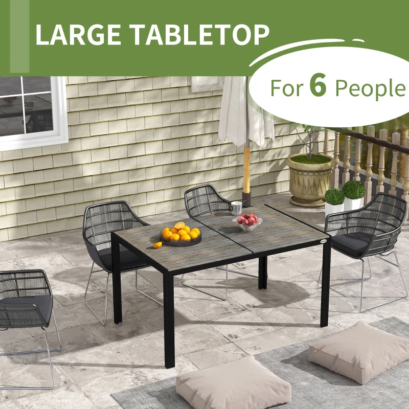 Outsunny Patio Table for 6 with Aluminum Frame, Faux Wood Tabletop, Rectangular Outdoor Table for Backyard, Lawn, Balcony, Gray