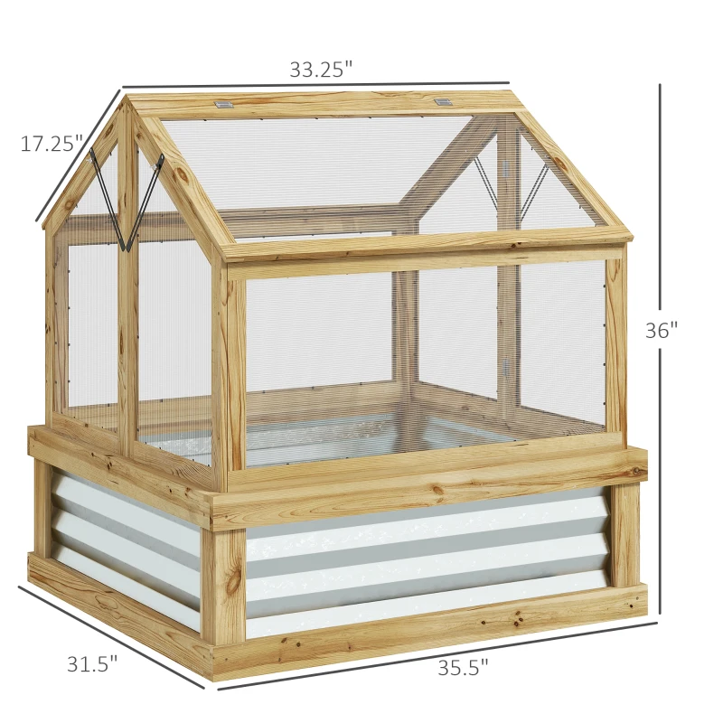 Outsunny Raised Garden Flower Bed Kit with Greenhouse, Wooden Cold Frame Planter, 35.5" x 31.5" x 36", Natural