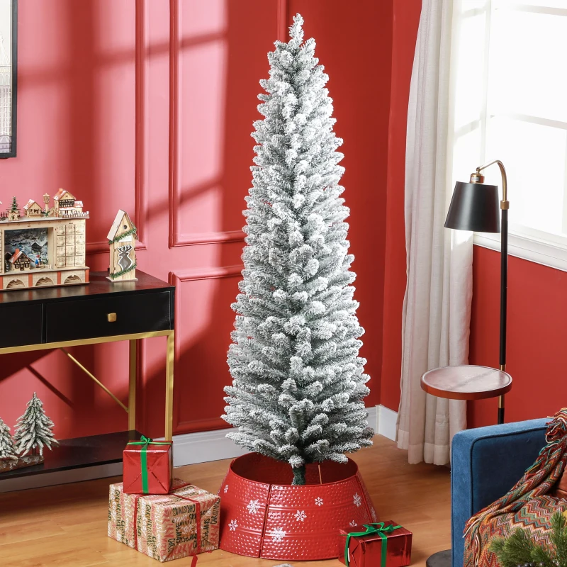 HOMCOM 6ft Artificial Christmas Tree, Snow Flocked Branches, Metal Base, Pencil Xmas Tree