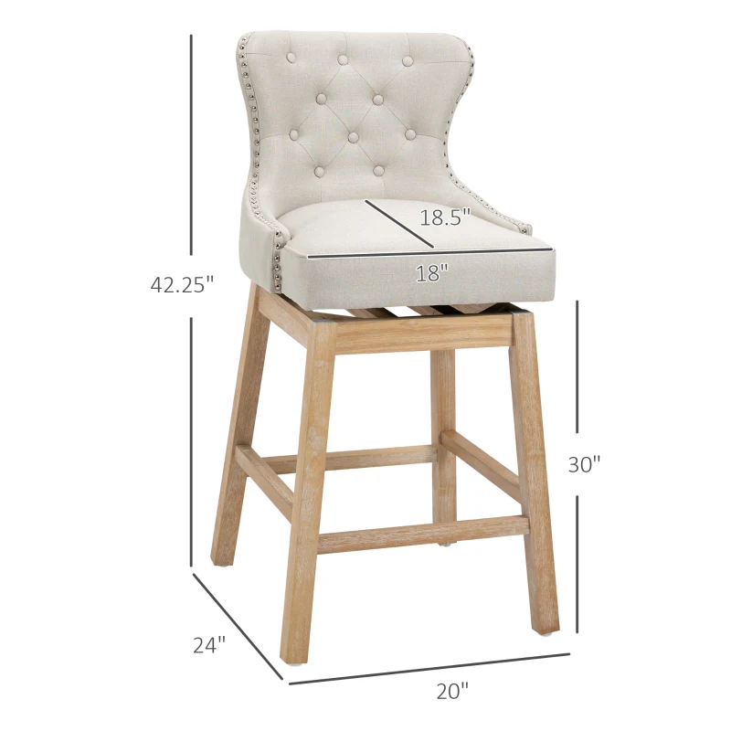 HOMCOM Memory Swivel Bar Stools Set of 2, Upholstered Fabric Bar Height Barstools with Tufted Back, Nailhead-Trim and Solid Wood Legs, 30" H Seat Height Kitchen Stools, Cream