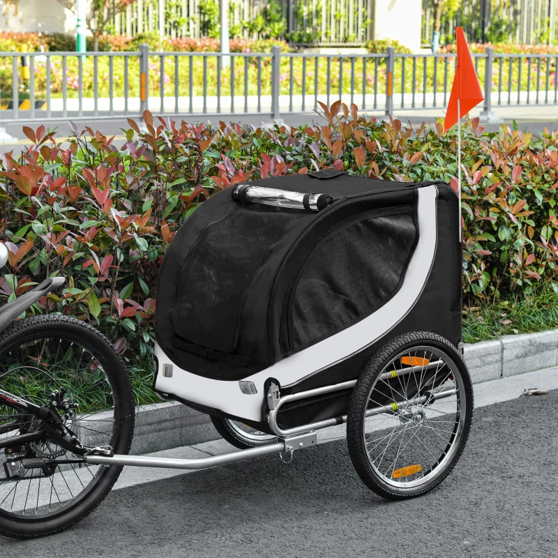 Aosom Dog Bike Trailer, Pet Cart Bicycle, Wagon Cargo Carrier Attachment with Hitch, Reflectors, Flag for Medium Dogs, Pet Wheelchair for Travelling, White