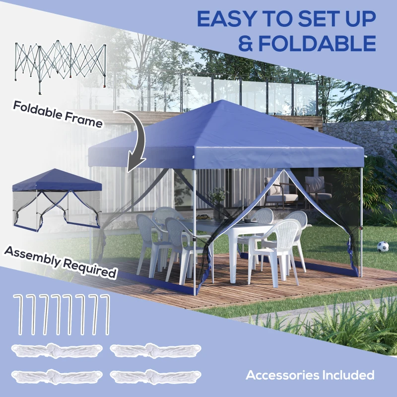Outsunny 10' x 10' Pop-Up Party Tent Outdoor Canopy Tent with Mesh Sidewalls, 3-Level Adjustable Height, Roller Bag, Blue