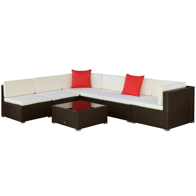 Outsunny 7 Piece Outdoor Patio Furniture Set, PE Rattan Wicker Sectional Sofa Set with Couch Cushions, Throw Pillows and Coffee Table, Orange, Cream