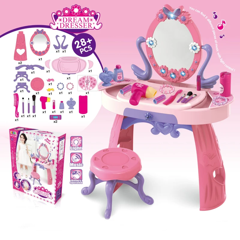 Qaba Kids Vanity Table and Stool Beauty Pretend Play Set with Mirror Lights Sounds & Pretend Beauty Makeup Accessories for Girls 3+ Years Old Pink