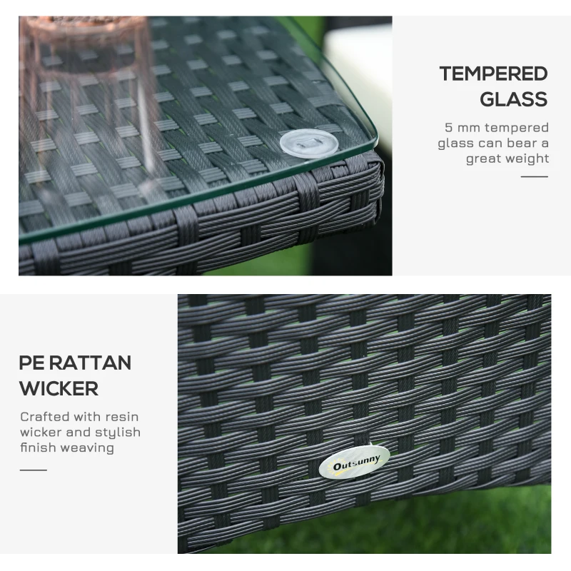 Outsunny 3 Piece Rattan Bistro Table Chairs Set Outdoor Cushioned - Black