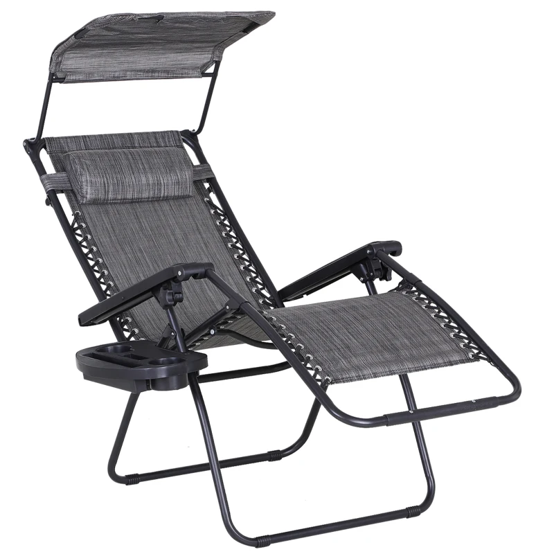 Outsunny Outdoor Zero Gravity Reclining Lounger Chair with Canopy Shade, Side Tray, Cupholder, Dark Grey