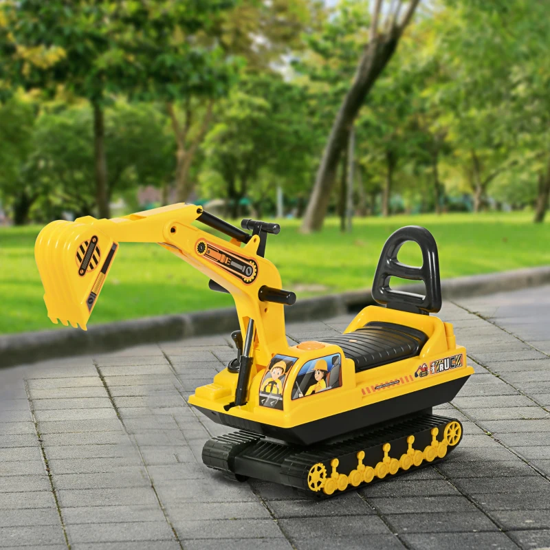 HOMCOM No Power Ride On Excavator Toy Tractors Digger Movable Scooter Walker Pretend Play Toddler Construction Truck Basket Storage For Boys Girls 18-48 Months Yellow Black