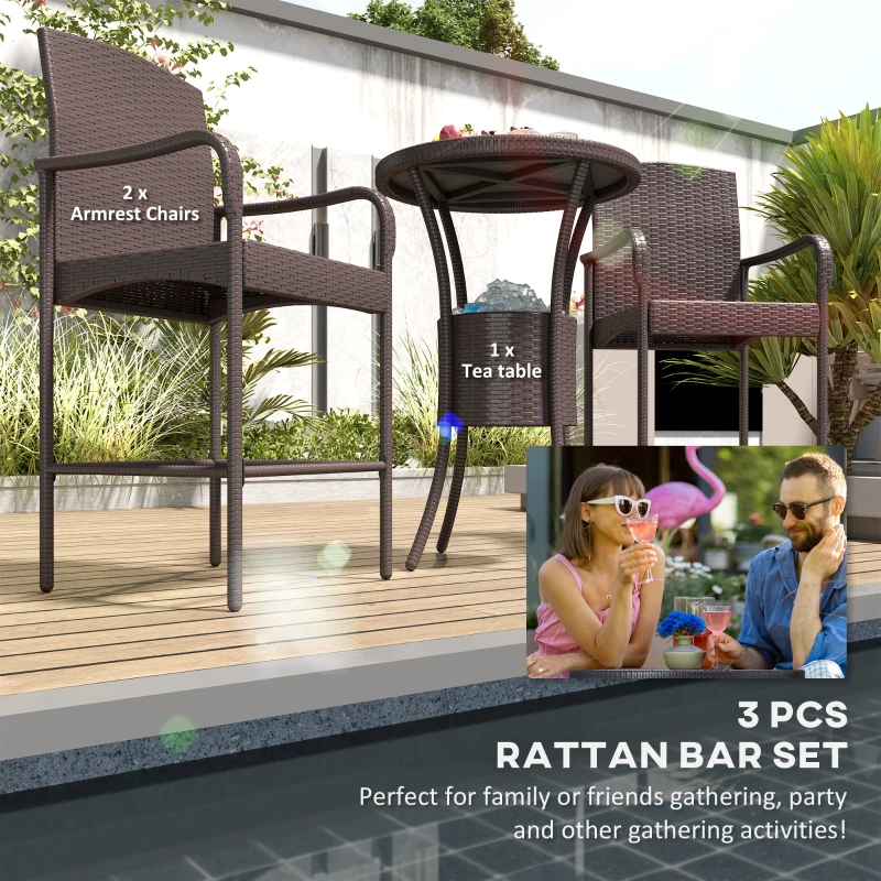 Outsunny 3 Pieces Patio Bar Set, Rattan Bistro Table and Chairs, Outdoor Conversation Furniture Set with Ice Bucket, Dark Brown