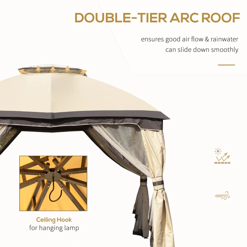 Outsunny 12' x 10' 2-Tier Outdoor Gazebo Canopy Tent for Patio with Zippered Mesh Sidewalls, Solid Steel Frame, Arched Roof, Beige
