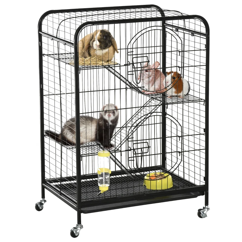 PawHut Rolling Small Animal Cage 36.6" Pet Rabbit Ferret Playpen, Animal Supply Kit Metal Black for Bunny, Pet Mink, Chinchilla