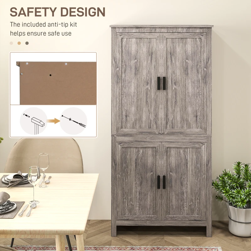 HOMCOM 64" 4-Door Kitchen Pantry, Freestanding Storage Cabinet with 3 Adjustable Shelves for Kitchen, Gray Oak