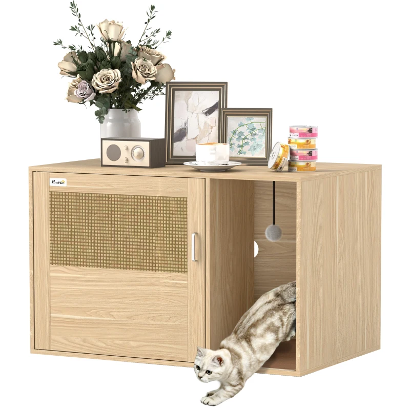 PawHut Boho Style Cat Litter Box Enclosure with Rattan Door, Scratching Mat, Non-slip Foot Pads, 31.5" x 20" x 20"