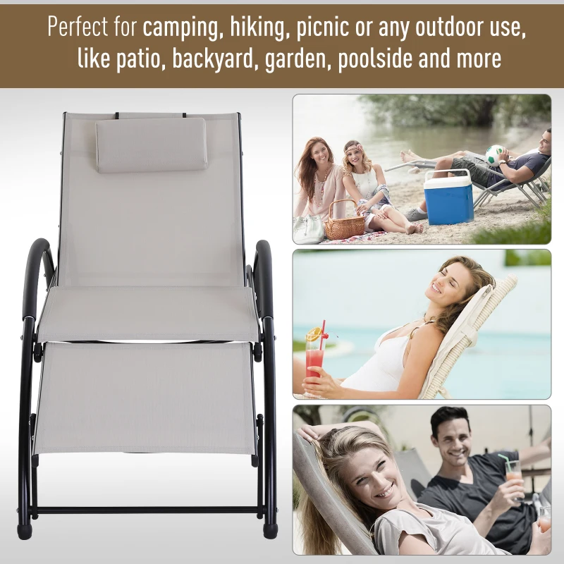 Outsunny Outdoor Lounge Chair with Breathable Mesh Fabric Seat, 5-Level Adjustable Reclining Chair with Aluminum Frame, Headrest Pillow, Adjustable Footrest, Beige