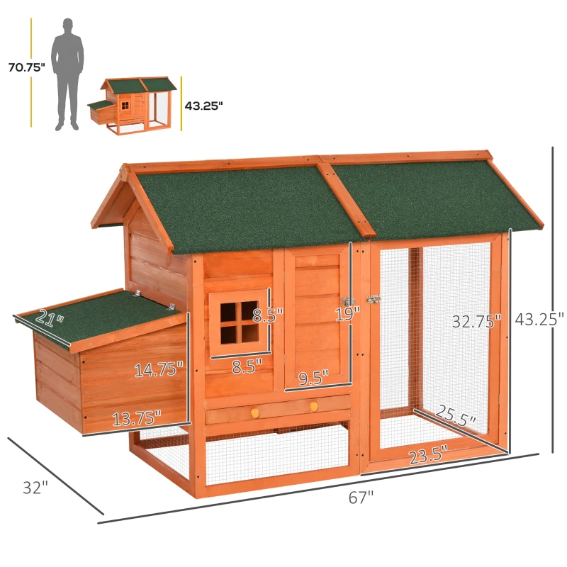 PawHut 67" Wooden Chicken Coop Outdoor Chicken House Small Animal Rabbit Habitat Hen House Poultry Cage with Removable Tray Openable Nesting Box Backyard