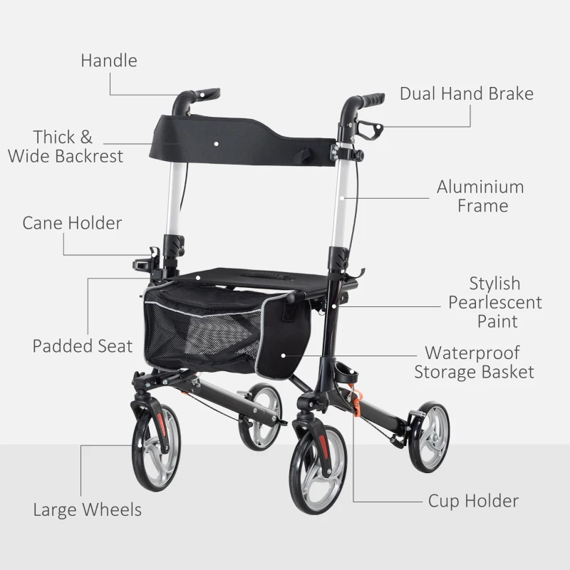HOMCOM Lightweight Folding Rolling Walker with Large Seat, Back, Adjustable Handle, Bag, Dual Brake, Cane Holder, Black