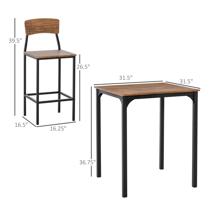 HOMCOM 3 Piece Pub Table and Chairs, Small Kitchen Table and Chairs, Square Dining Table with 2 Stools, Walnut and Black