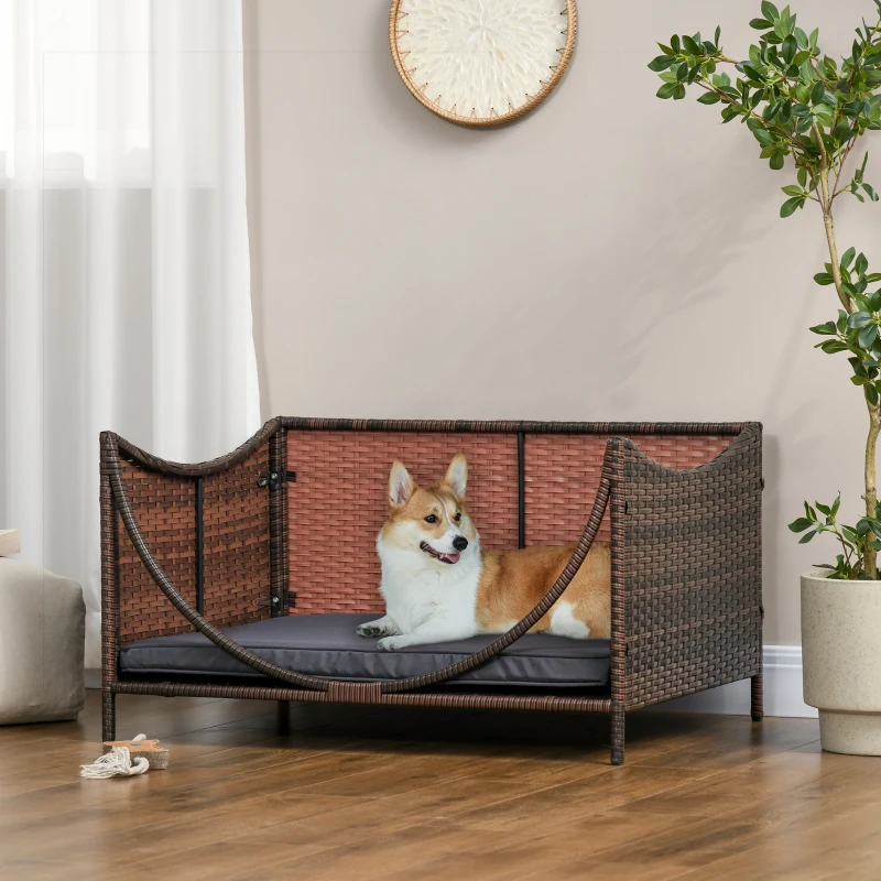 PawHut Rattan Pet Bed for Small Medium Dogs and Cats, Wicker Dog House Outdoor with Water-resistant Cushion, 35"x28"x20", Brown
